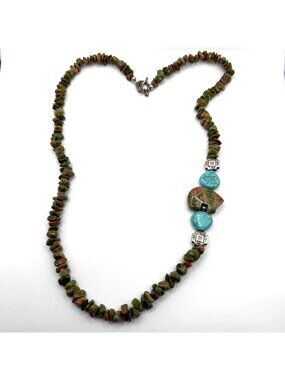 Natural Jasper & Turquoise Beaded Necklace Silver Accents & Toggle Clasp 27" Han